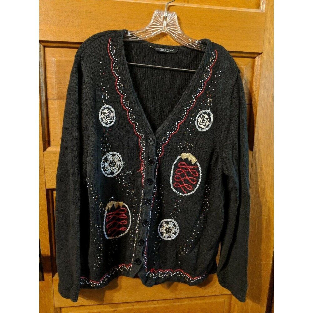 Reference Point II Christmas Sweater Large Black Cardigan Button Ball Ornaments